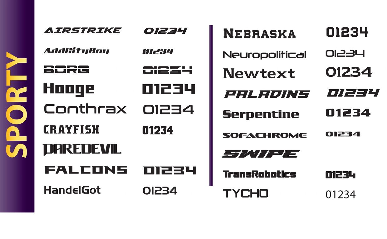 Various sporty font styles displayed with numeric examples.