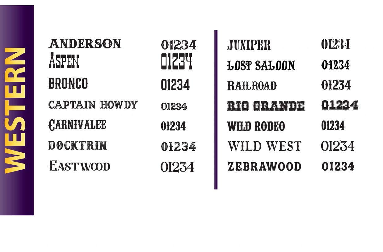 Western-themed fonts with sample text and numbers.