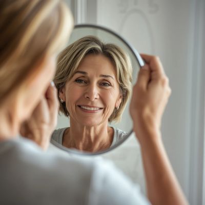 A woman smiles at her reflection in a handheld mirror.