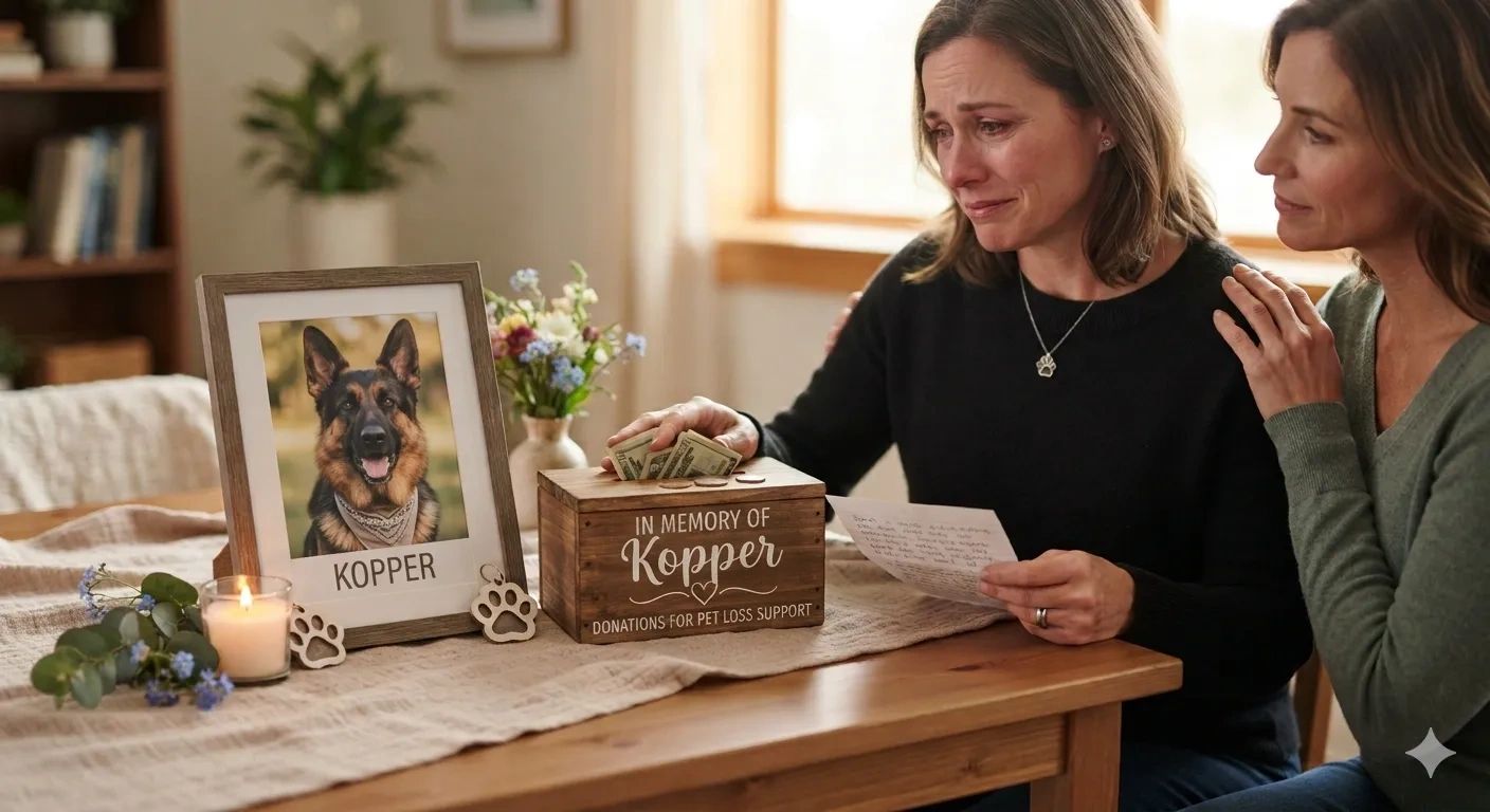 Woman placing money in a pet loss donation box, supported by a friend.