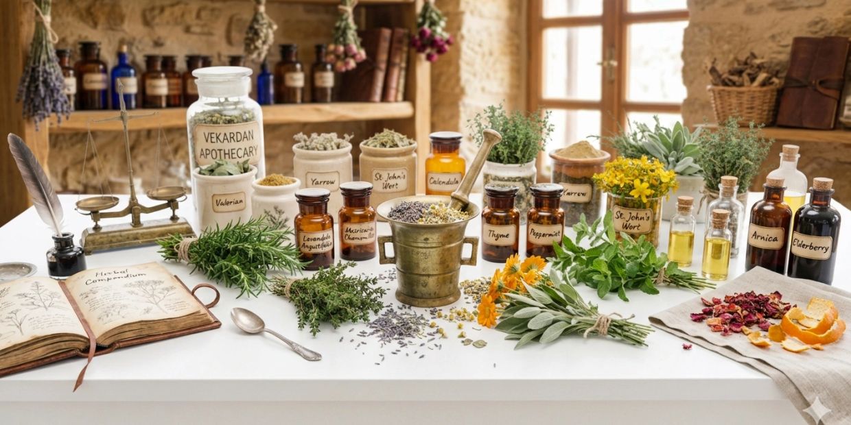 A vintage apothecary table with herbs, bottles, and an open herb book.
