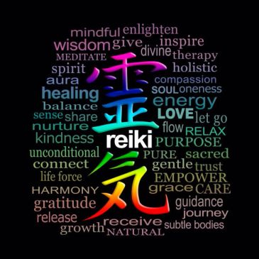 Colorful Reiki word cloud with spiritual and healing terms.