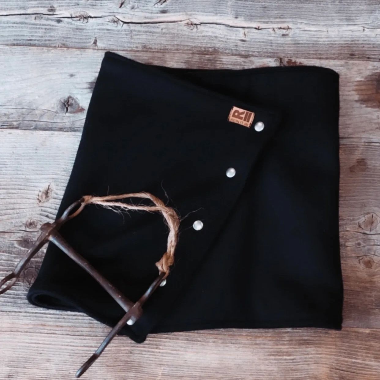 Handsewn Black Wool Neck Cowl with Fleece inside and Leather Rein It In Patch