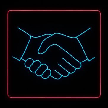 Neon blue handshake icon inside a glowing pink rectangle on black background.