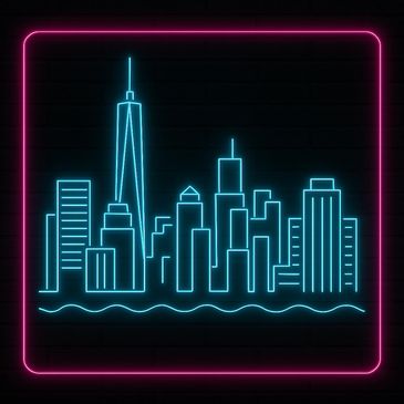 Neon blue city skyline with pink border and water waves below.