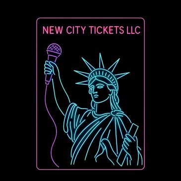 Neon sign of Statue of Liberty holding a microphone, labeled New City Tickets LLC.
