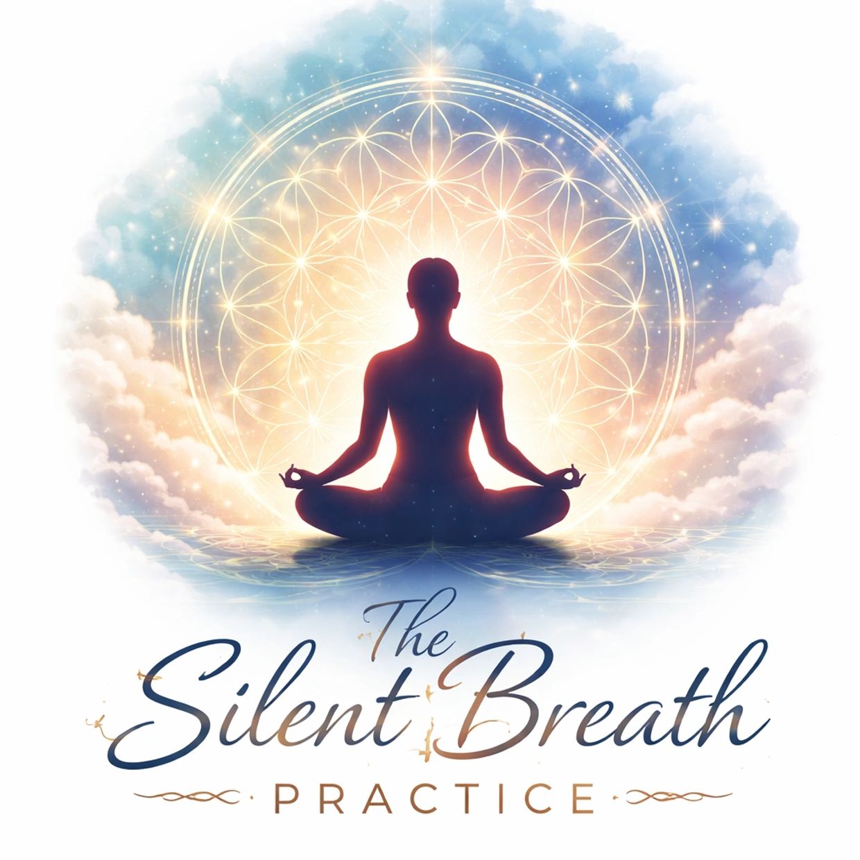 Silhouette meditating with radiant mandala and peaceful sky, symbolizing silent breath practice.