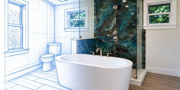 Bathroom renovation with bathtub and shower in progress.