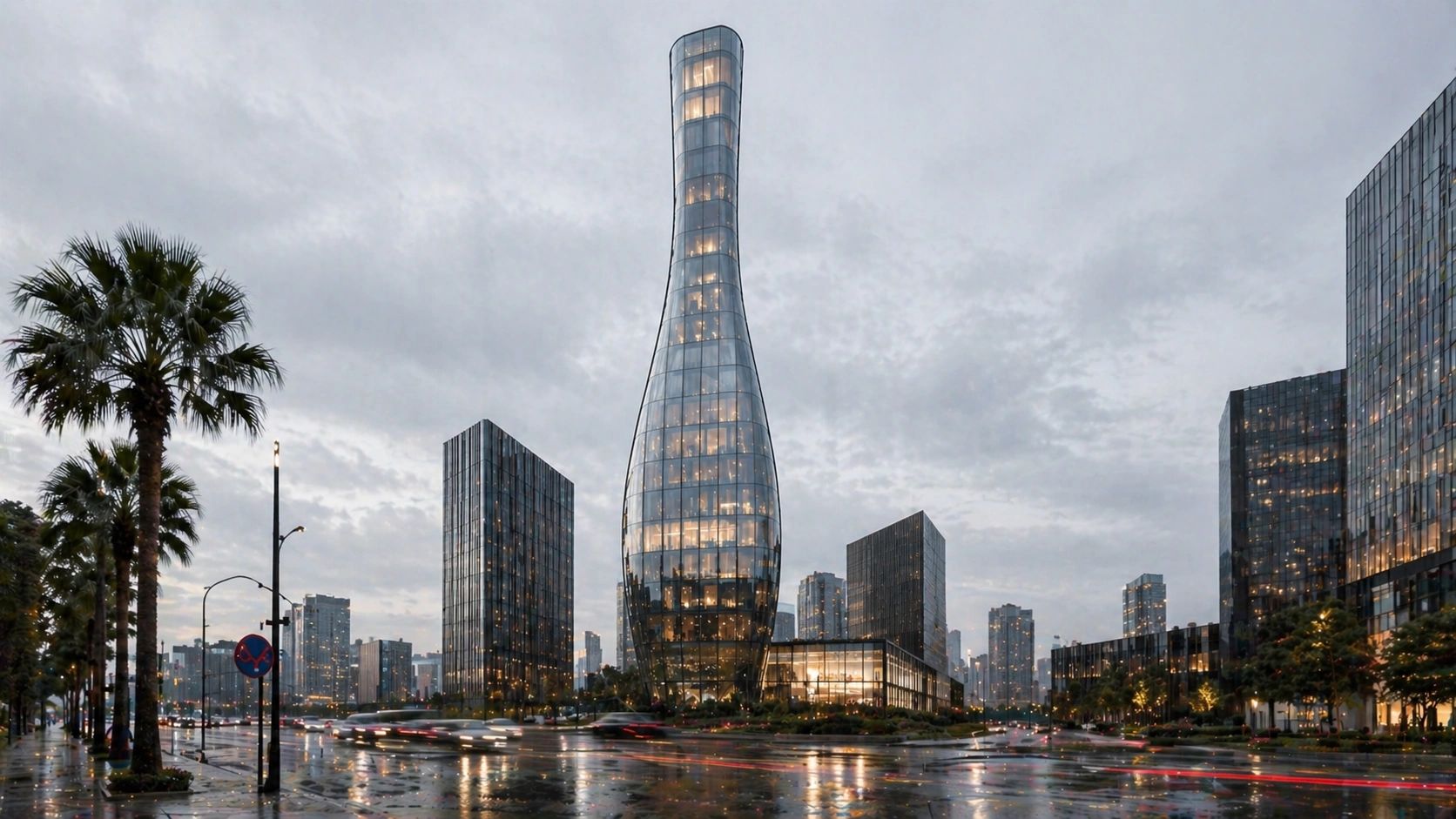 Modern cityscape featuring a unique, curvy glass skyscraper at dusk.