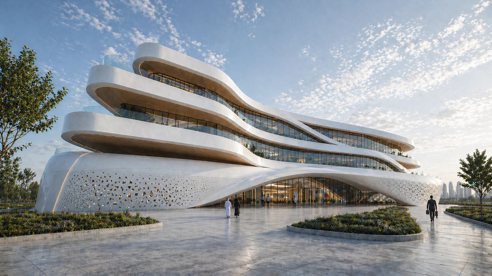 A futuristic, curvy white building with glass windows and people walking outside.
