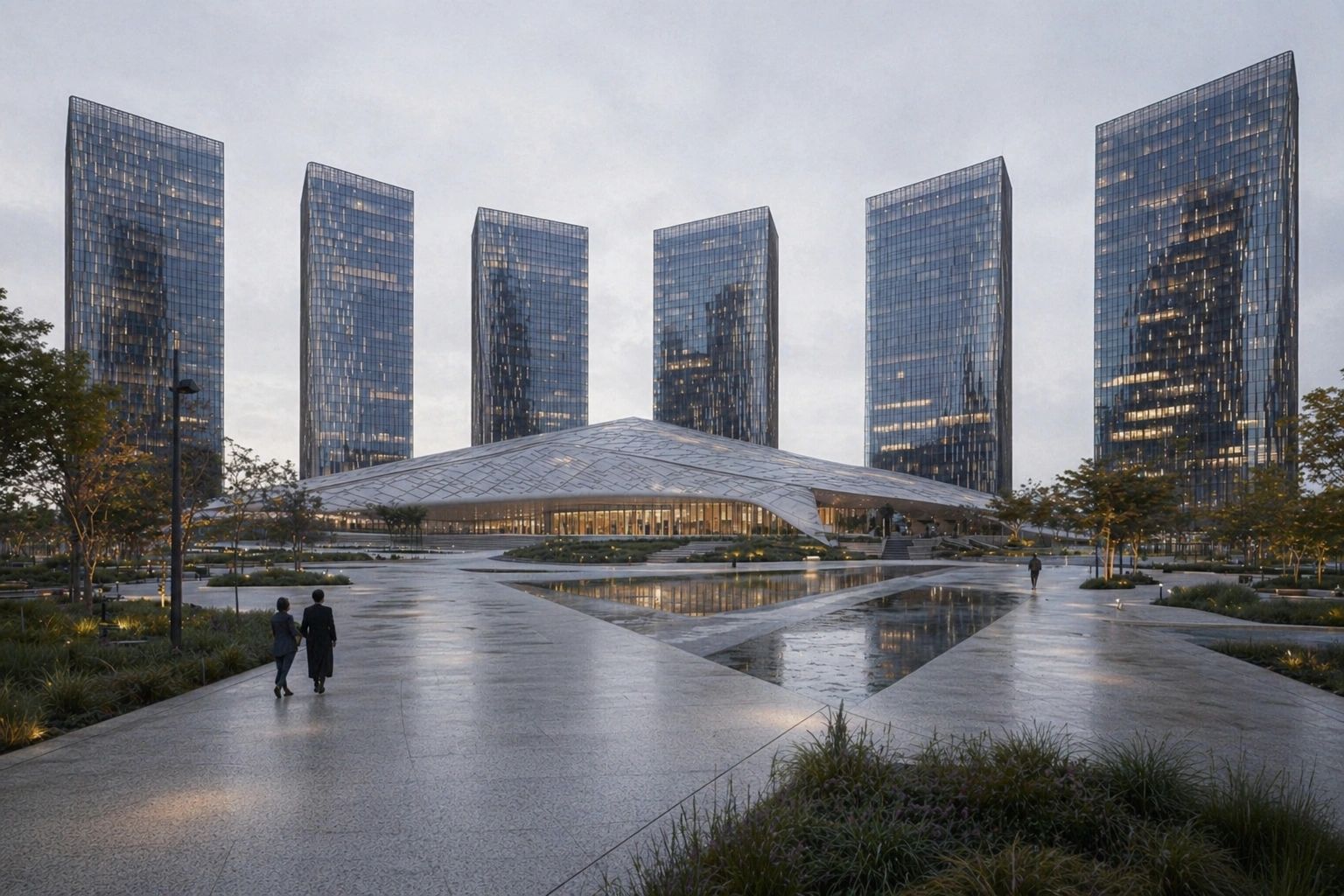 Modern glass skyscrapers surround a futuristic, angular building with reflective pools and walkways.
