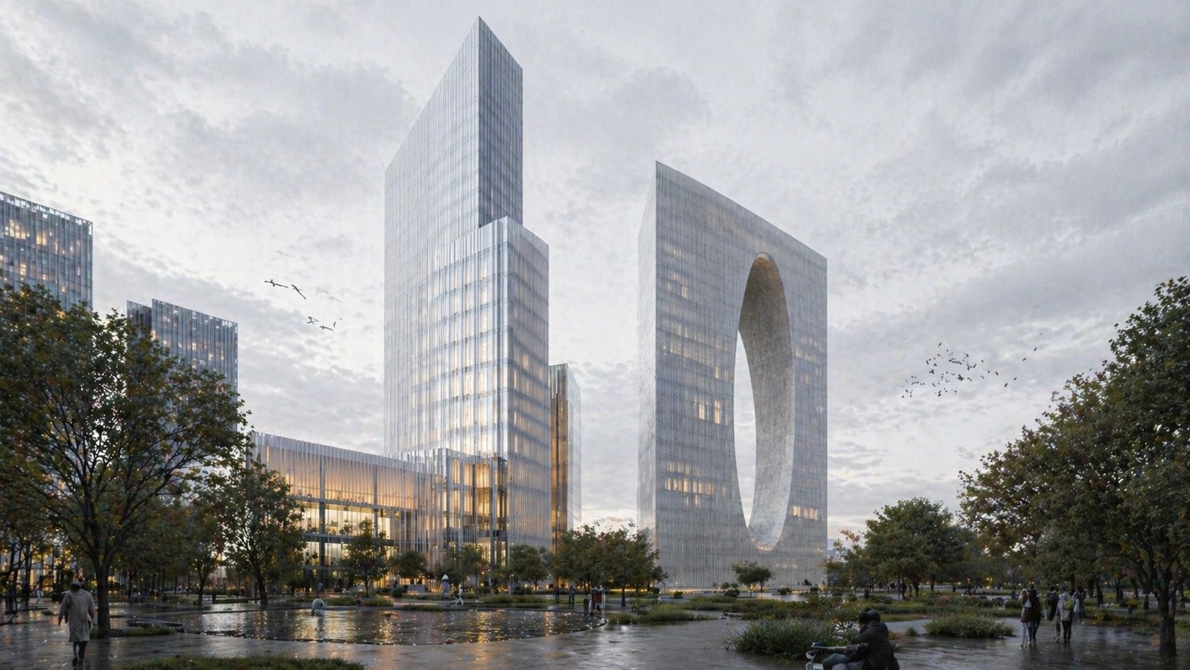 Modern skyscrapers with unique architecture surrounded by a park and people.