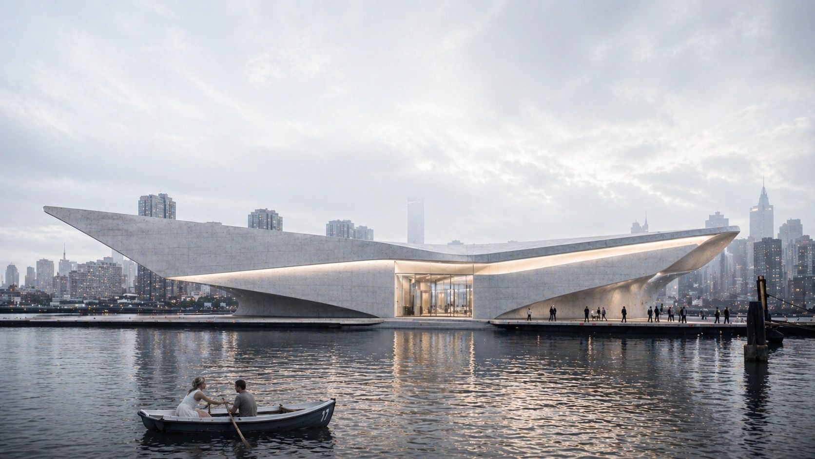 Modern architectural building by the water with people in a boat.