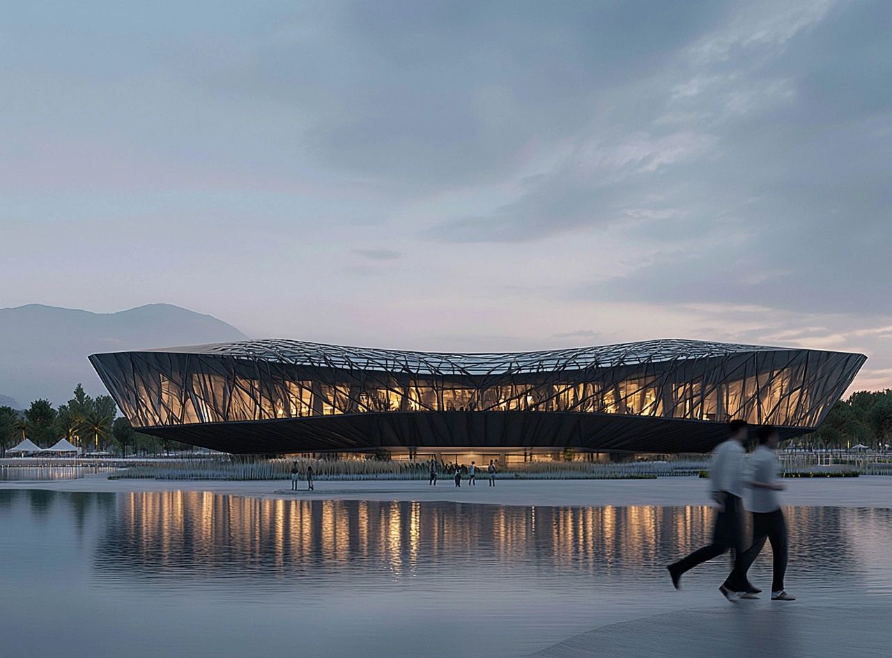 Futuristic building with intricate glass and metal design reflecting over water at dusk.
