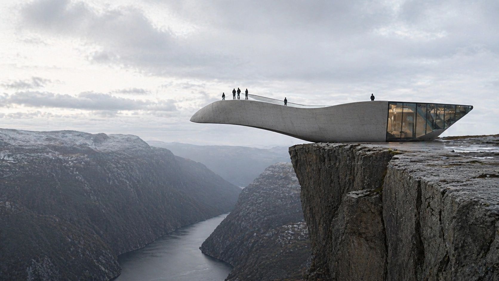 Modern observation deck extends over a cliff with panoramic views of a fjord.