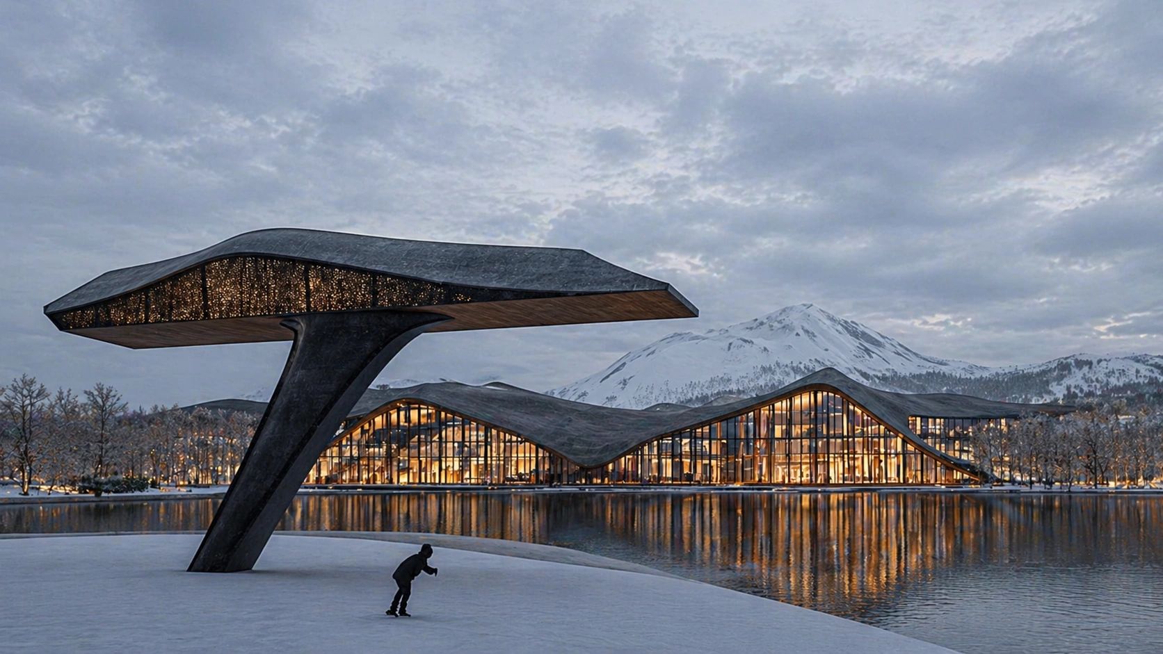 Futuristic building with warm lights reflecting on a lake in a snowy mountain setting.