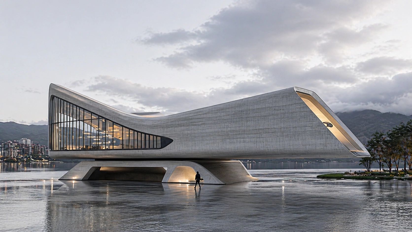 Modern futuristic building on water with curved concrete design and large glass windows.