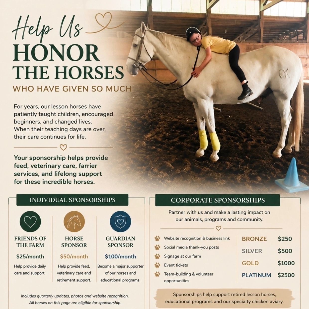 Sponsorship ad for honoring lesson horses with individual and corporate options.