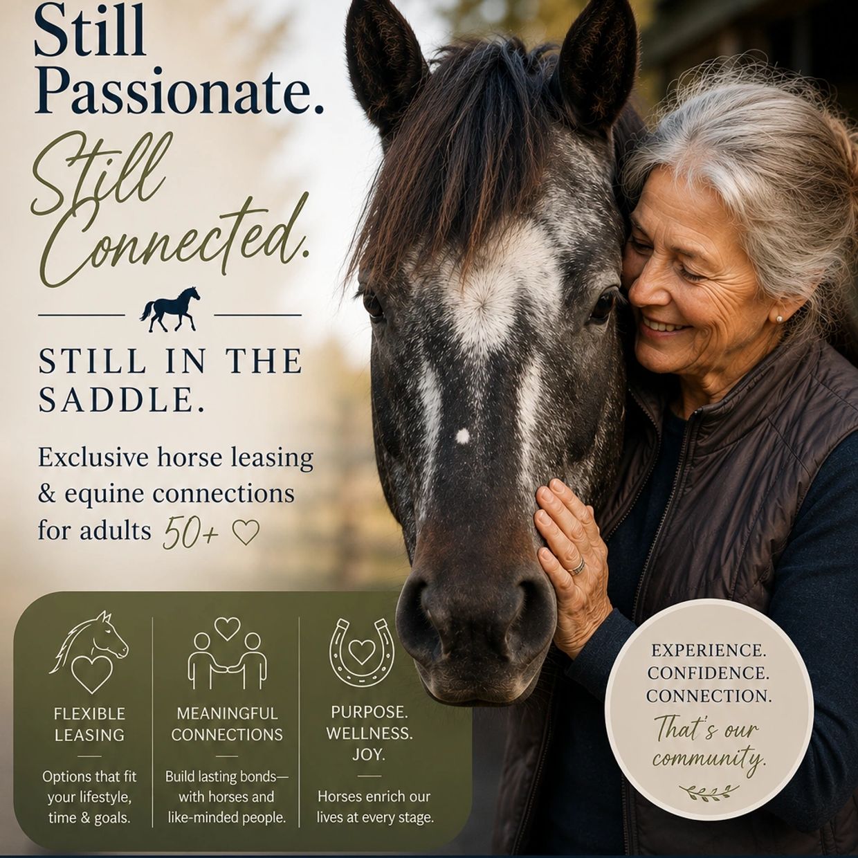 Older woman smiling, hugging a horse promoting horse leasing for adults 50+.