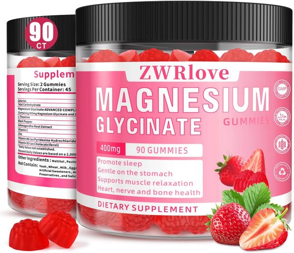 ZWRlove Magnesium Glycinate Gummies, 90 count, strawberry flavor, dietary supplement.