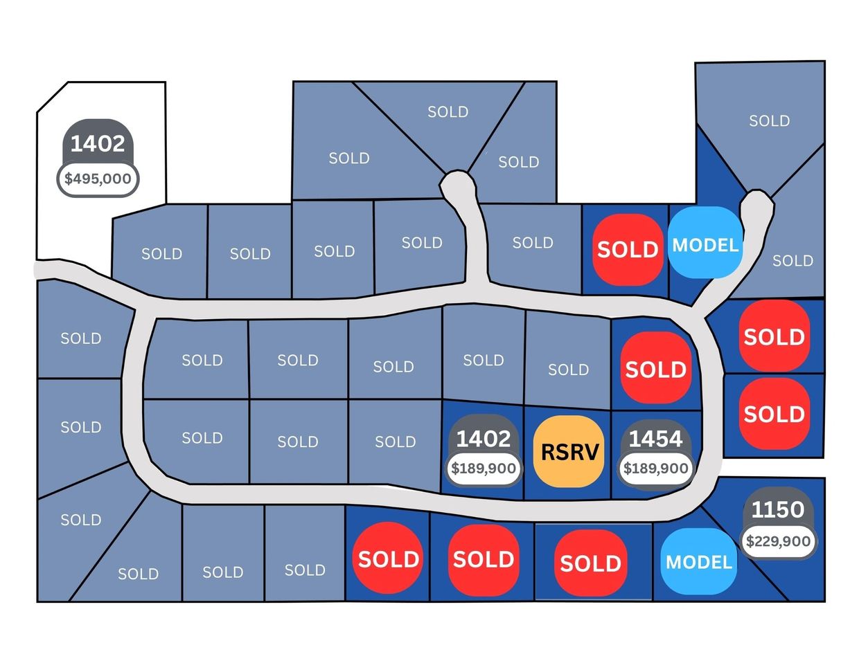 Real estate lot map showing sold, model, reserved, and available lots with prices.