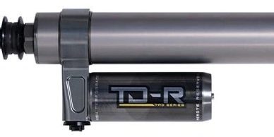 Close-up of a metallic shock absorber with a TD-R Pro Series label.