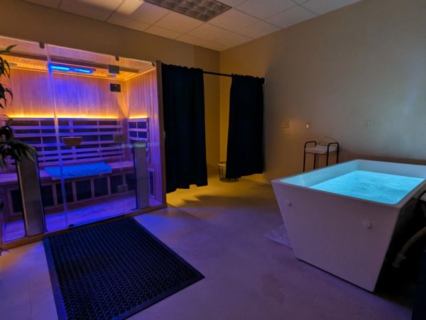 Spa room with sauna and ice bath tub.