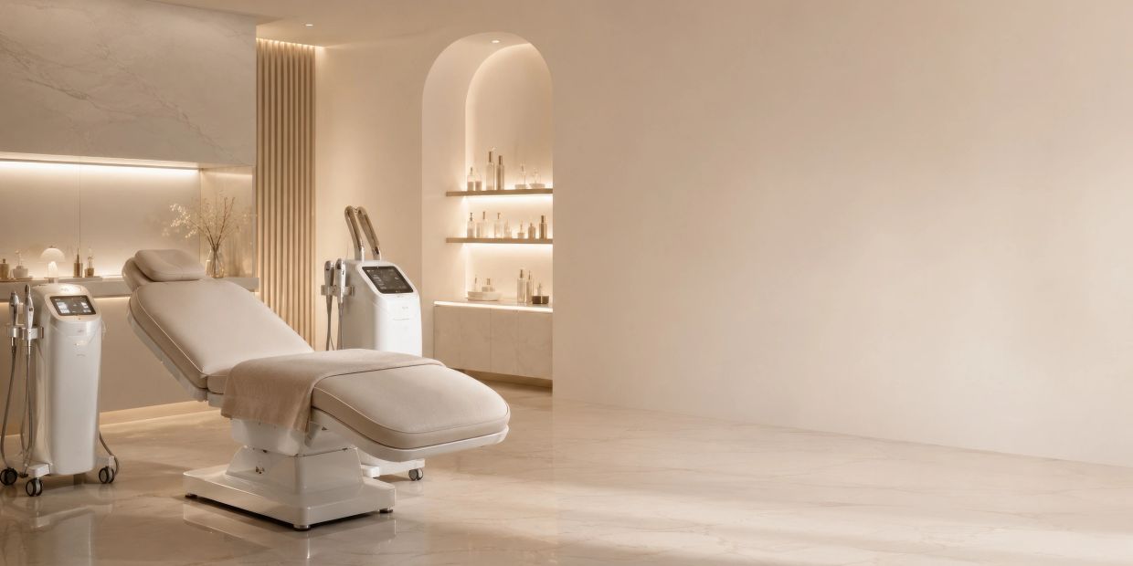 Modern spa treatment room with an adjustable chair and equipment.