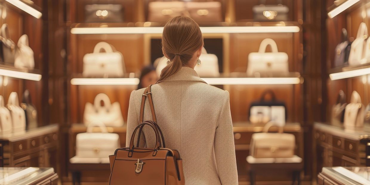 Woman shopping for handbags in a luxury store.