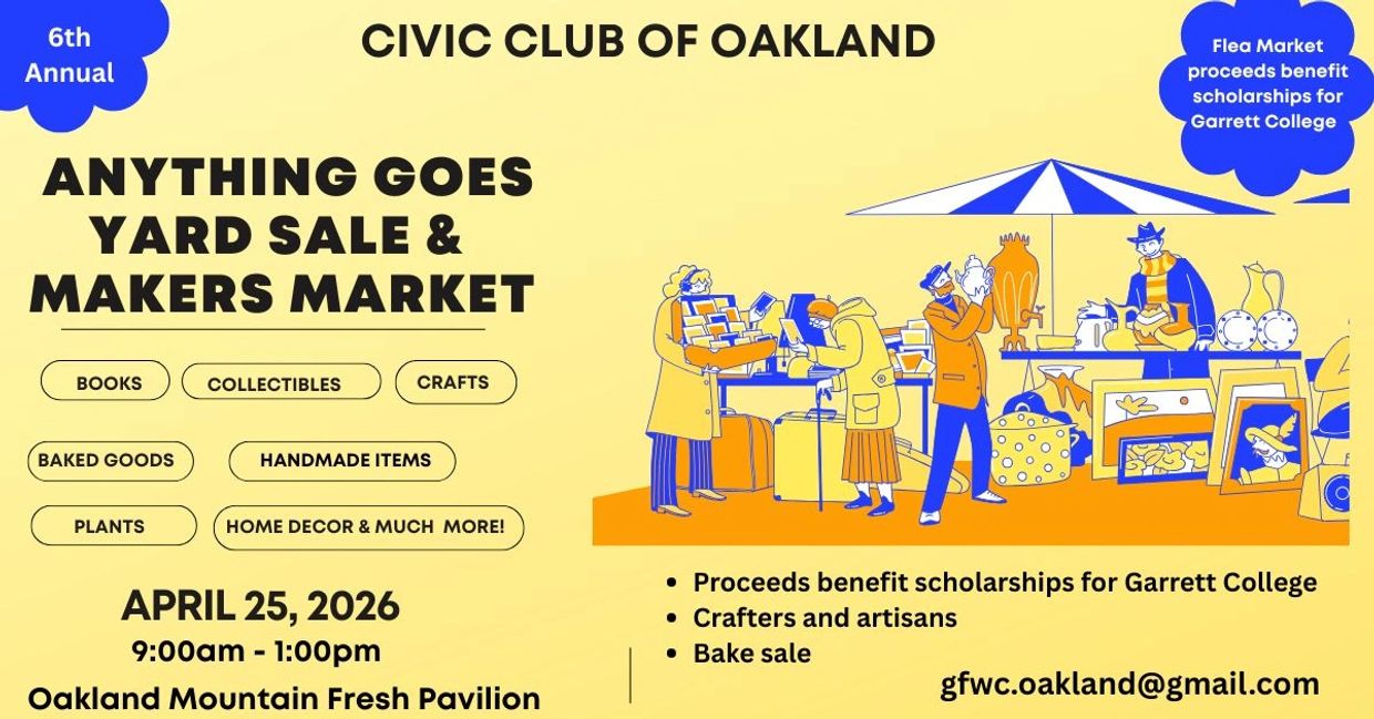 Flyer for Oakland's 6th Annual Anything Goes Yard Sale &amp; Makers Market on April 25, 2026.