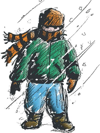 Illustration of a person bundled up in winter clothes during a snowstorm.