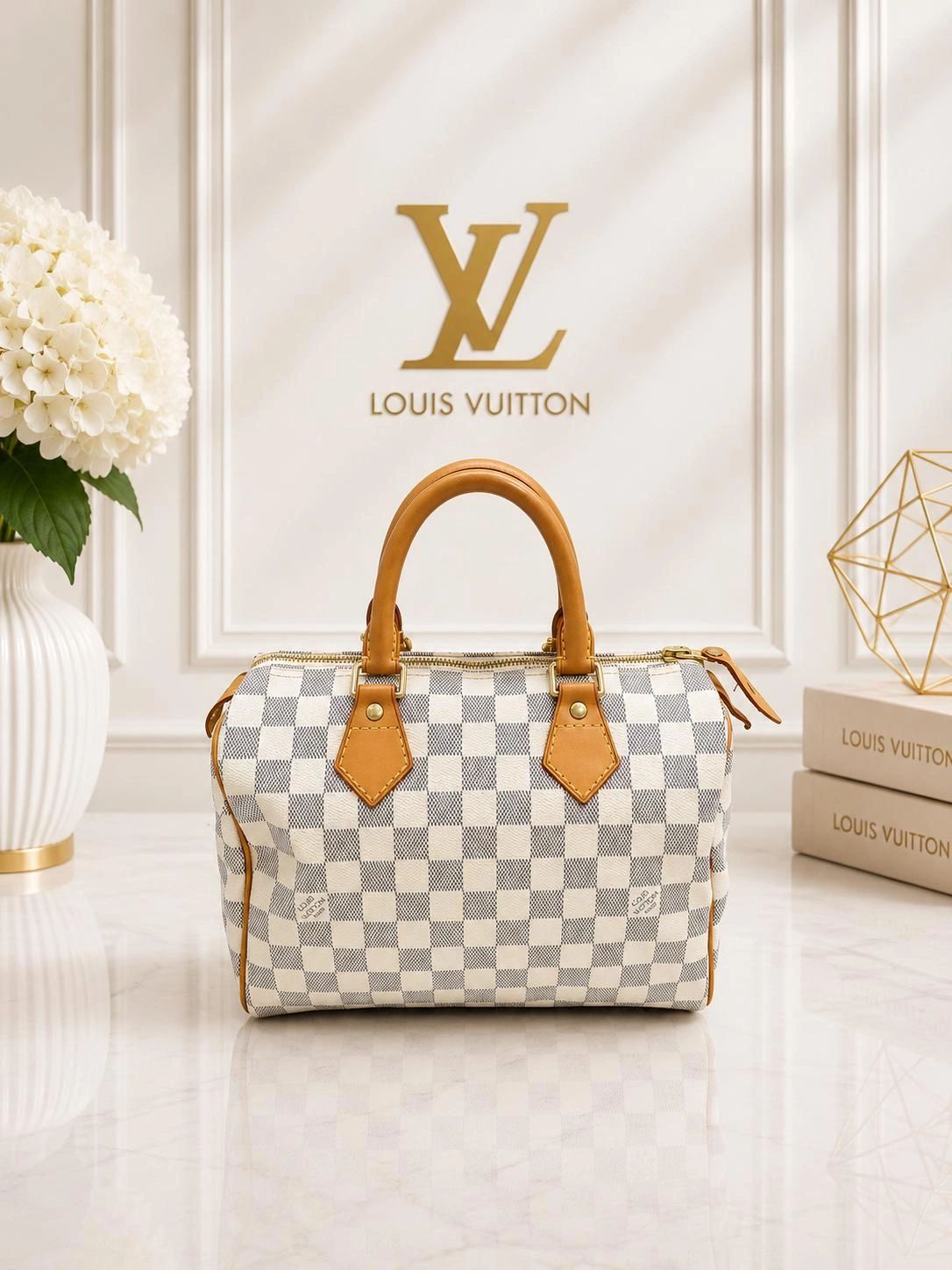 Louis Vuitton Speedy 25 Damier Azur White Checkered Handbag Satchel