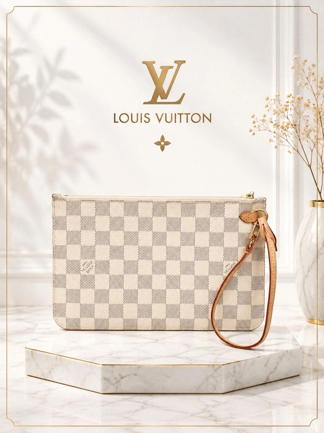Louis Vuitton Neverfull Pochette Damier Azur Wristlet Clutch