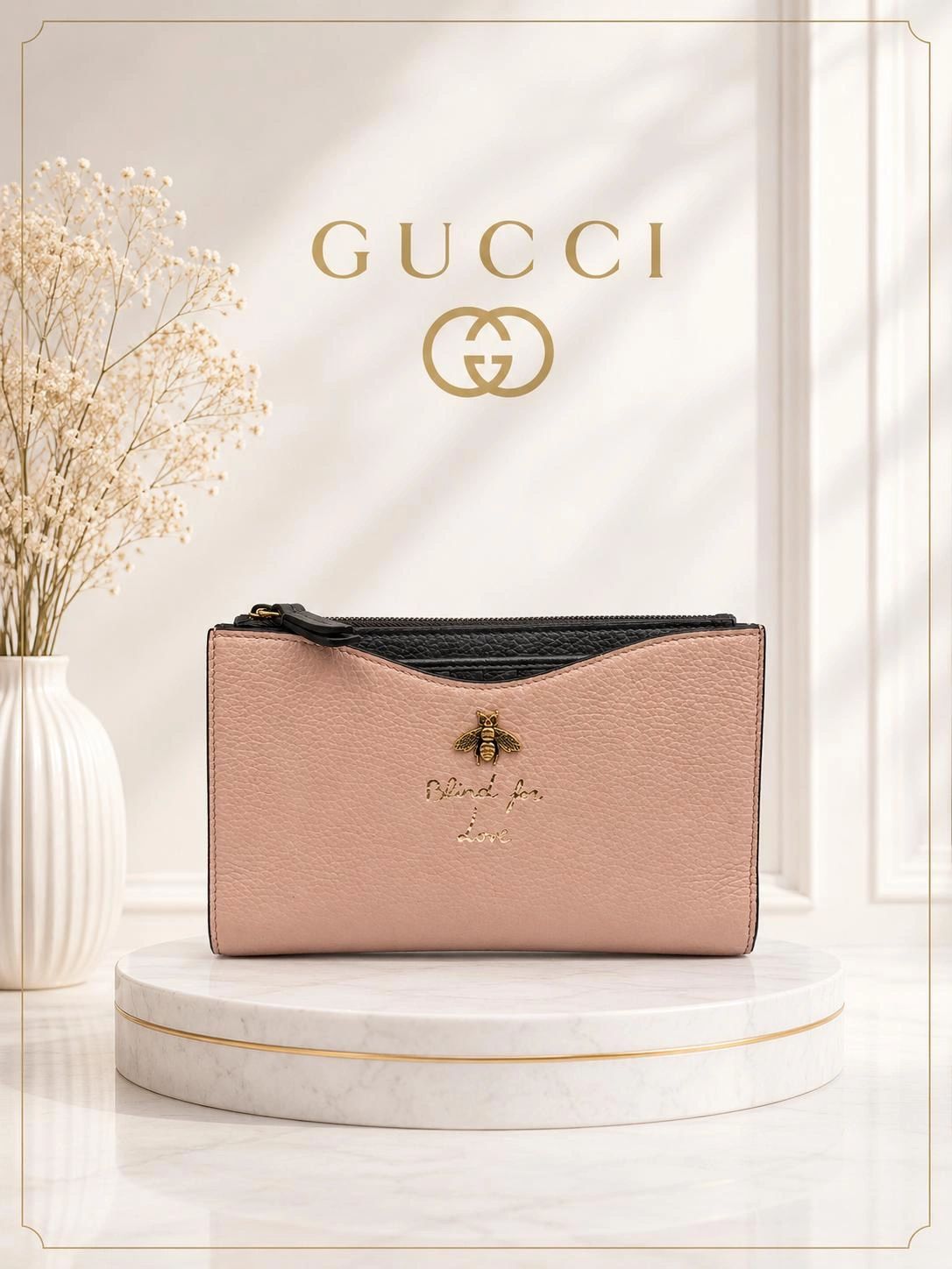 Gucci Bee Logo Pink Leather Zip Wallet Clutch|Luxury Designer Wristlet