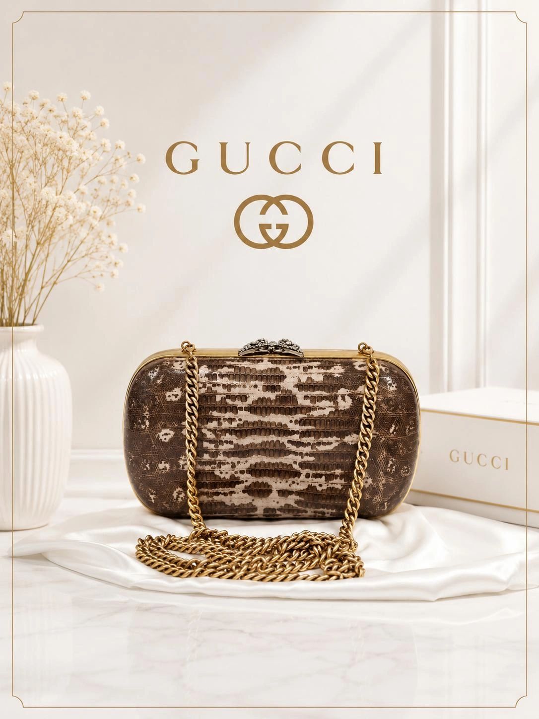 Gucci Broadway Snakeskin Clutch Crossbody Bag Bronze Gold Chain New