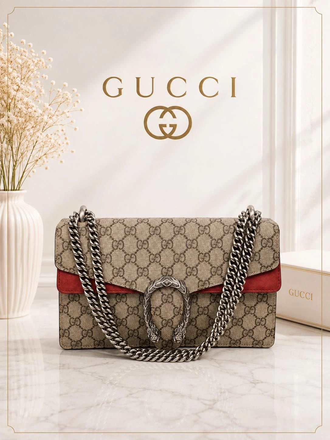 Gucci Dionysus GG Supreme Shoulder Bag Canvas Red Trim Silver Chain