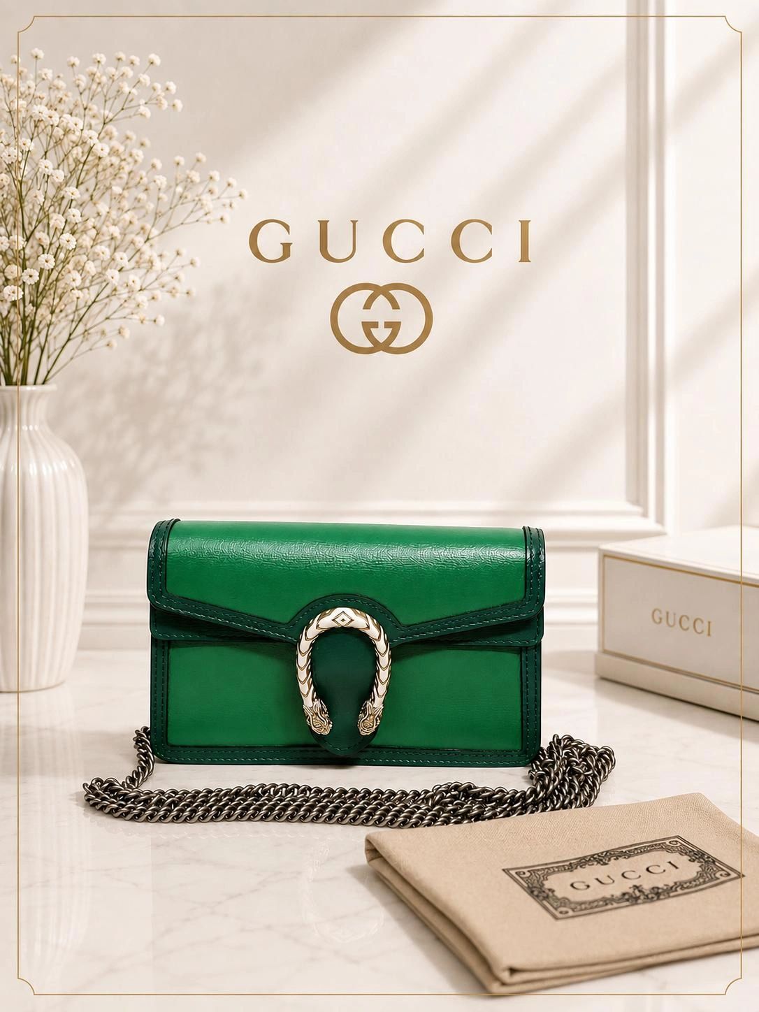 Gucci Dionysus Super Mini Green Leather Chain Bag Crossbody Luxury Bag