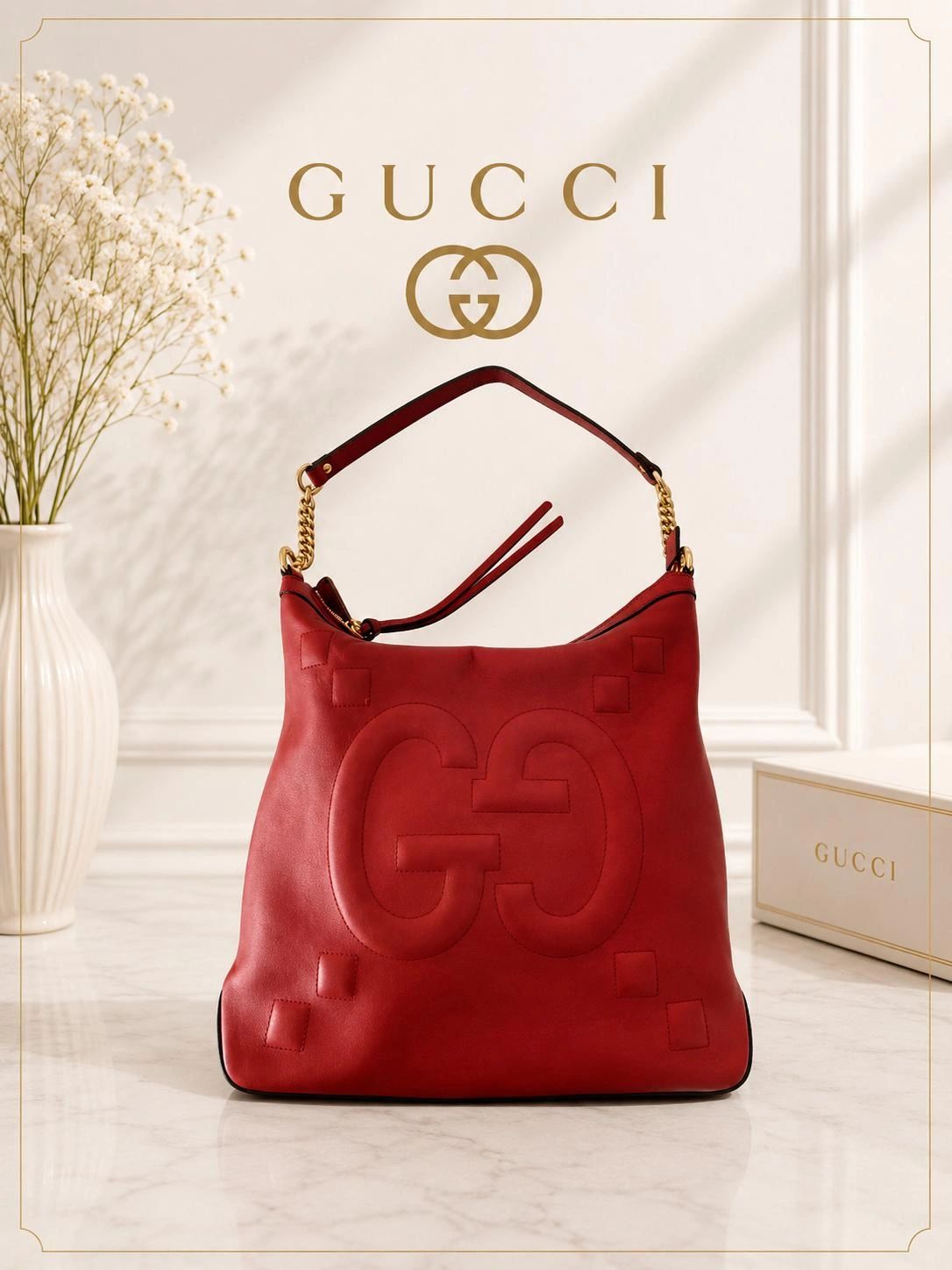 Gucci Embossed GG Leather Red Shoulder Designer Bag