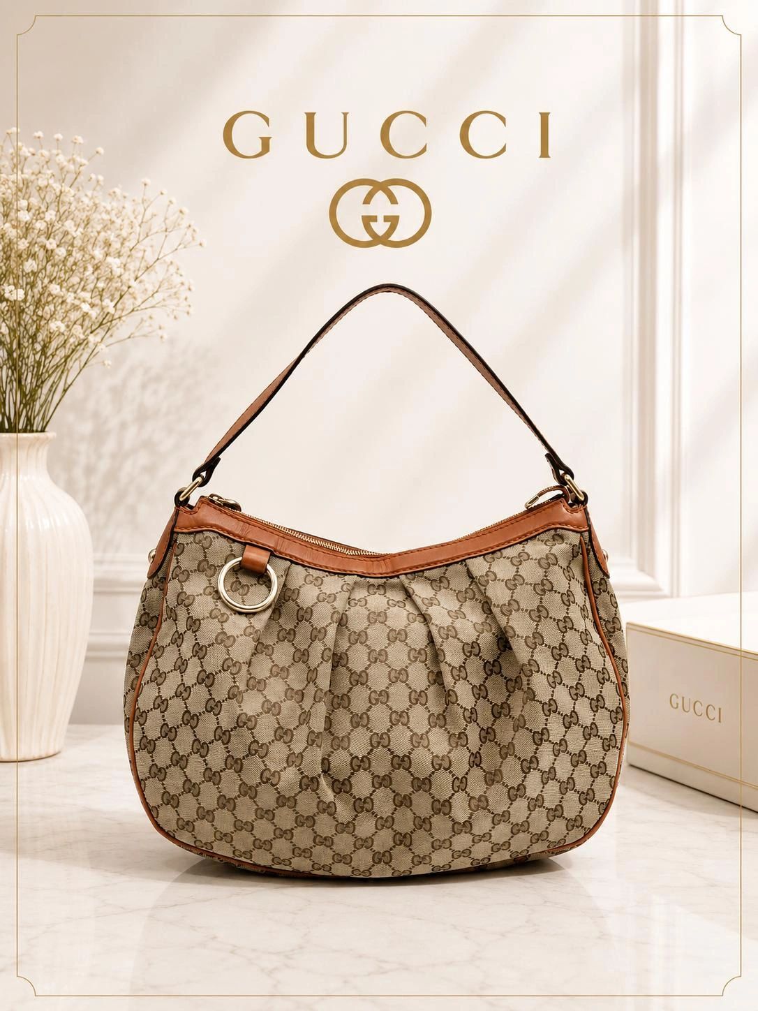 Gucci GG Canvas Sukey Hobo Bag Monogram Leather Trim Shoulder Bag