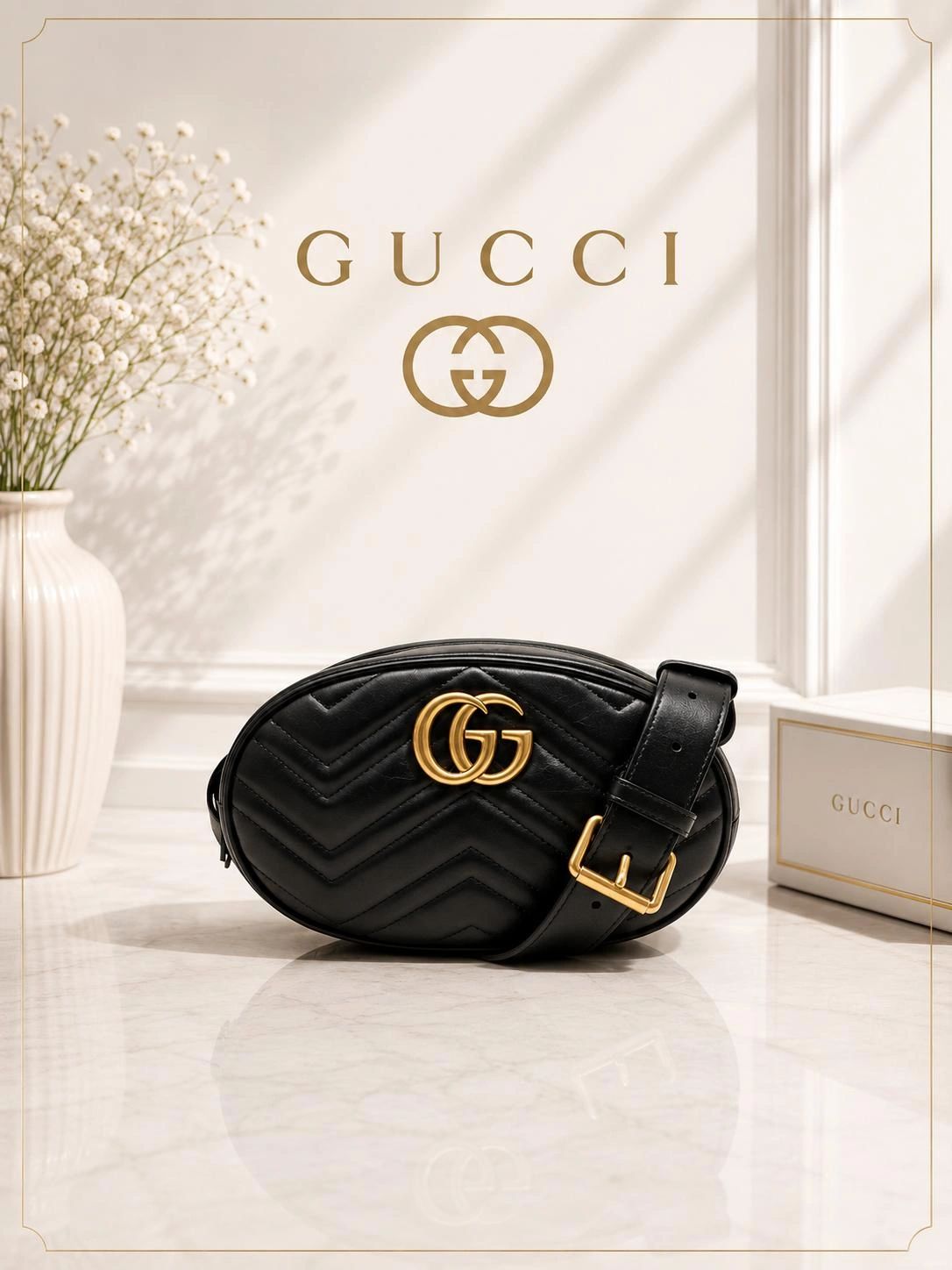 Gucci GG Marmont Belt Bag Black Leather Gold Logo