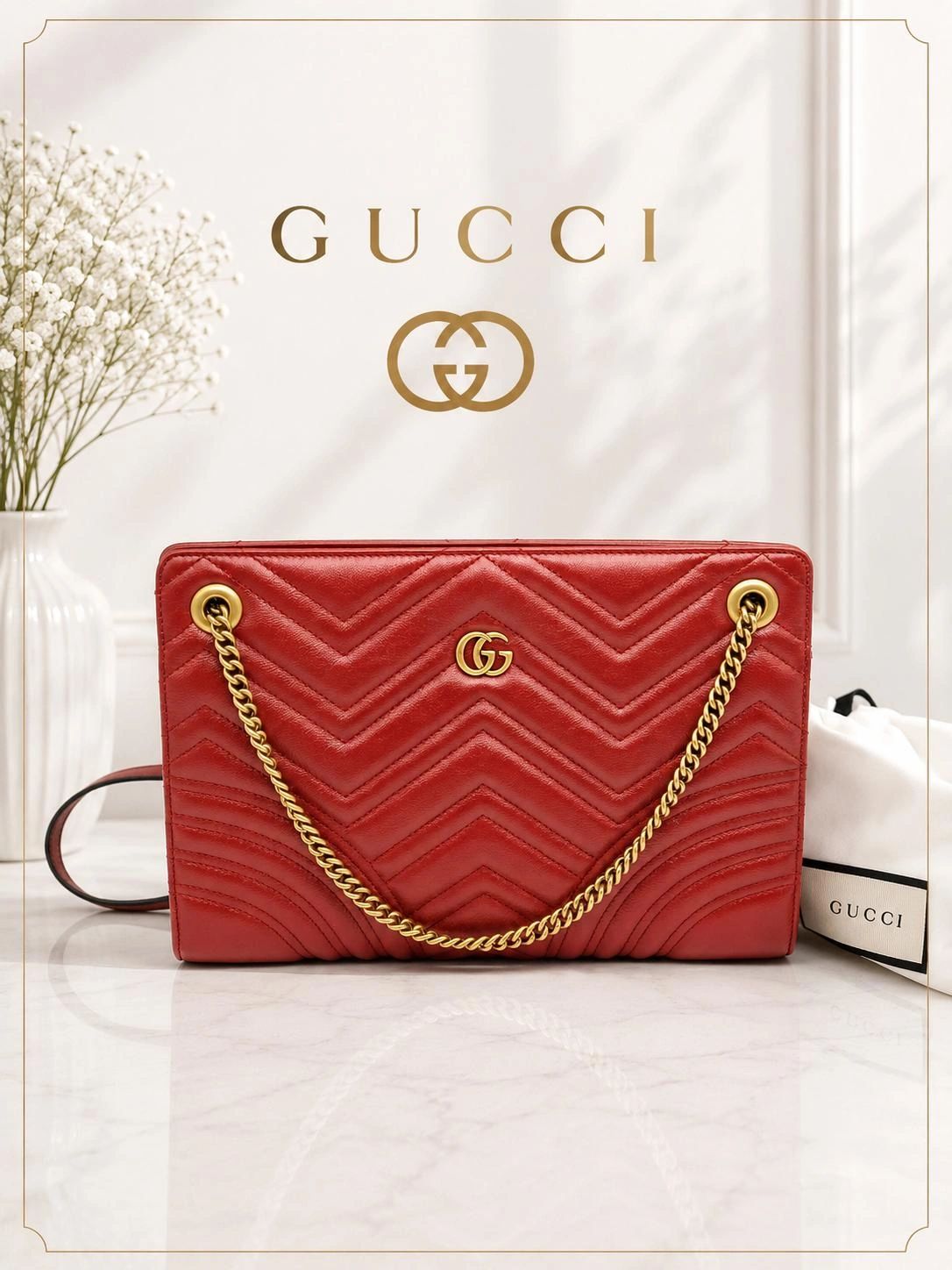 Gucci GG Marmont Matelassé Chain Wallet Red Leather Gold Logo