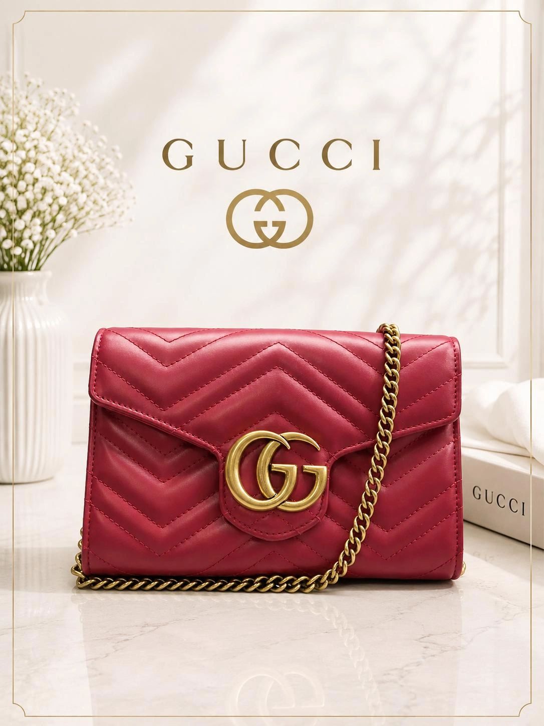 Gucci GG Marmont Matelassé Shoulder Bag Pink Leather Chain Crossbody