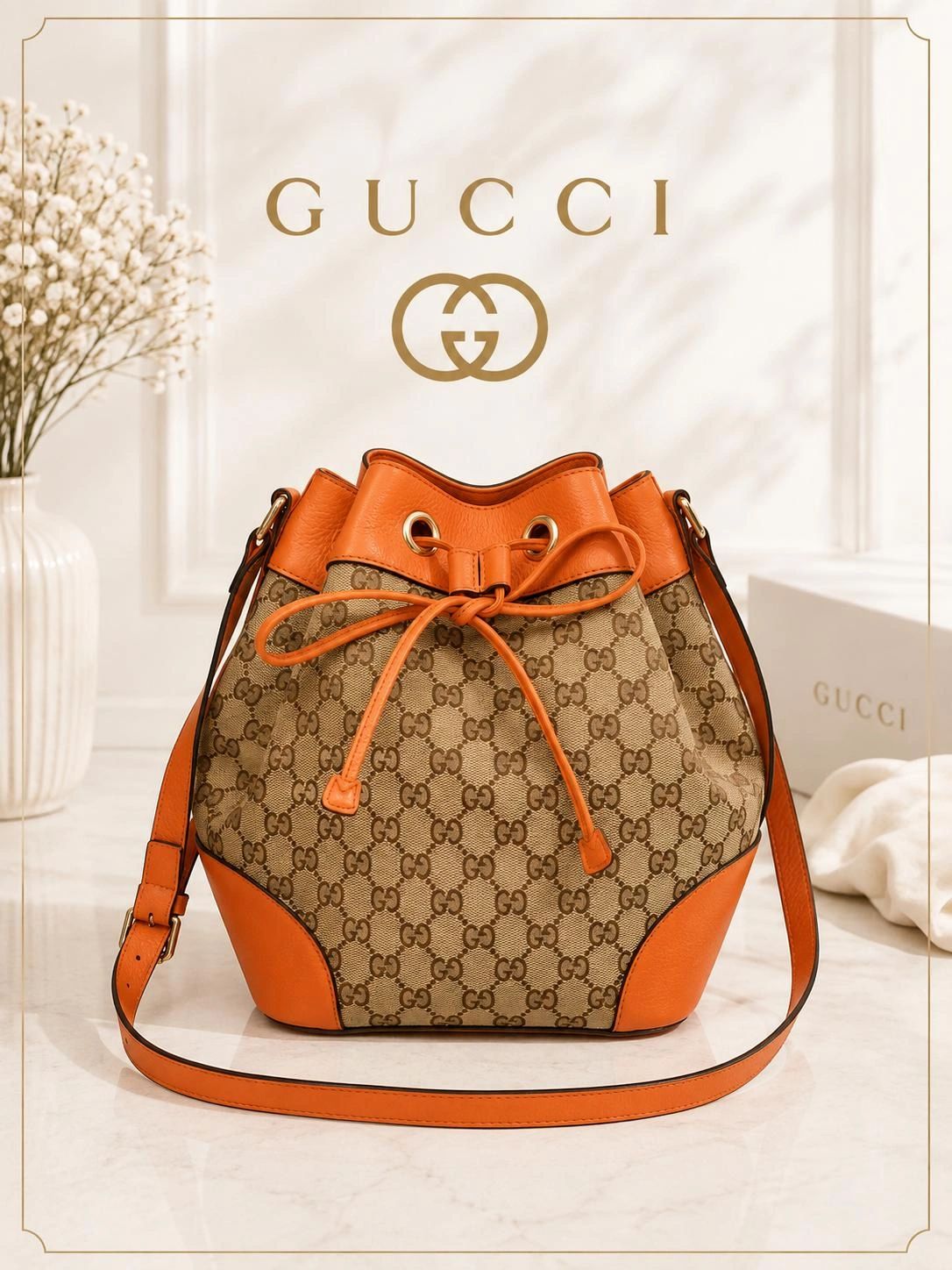 Gucci GG Supreme Bucket Bag Orange Leather Trim Crossbody Drawstring