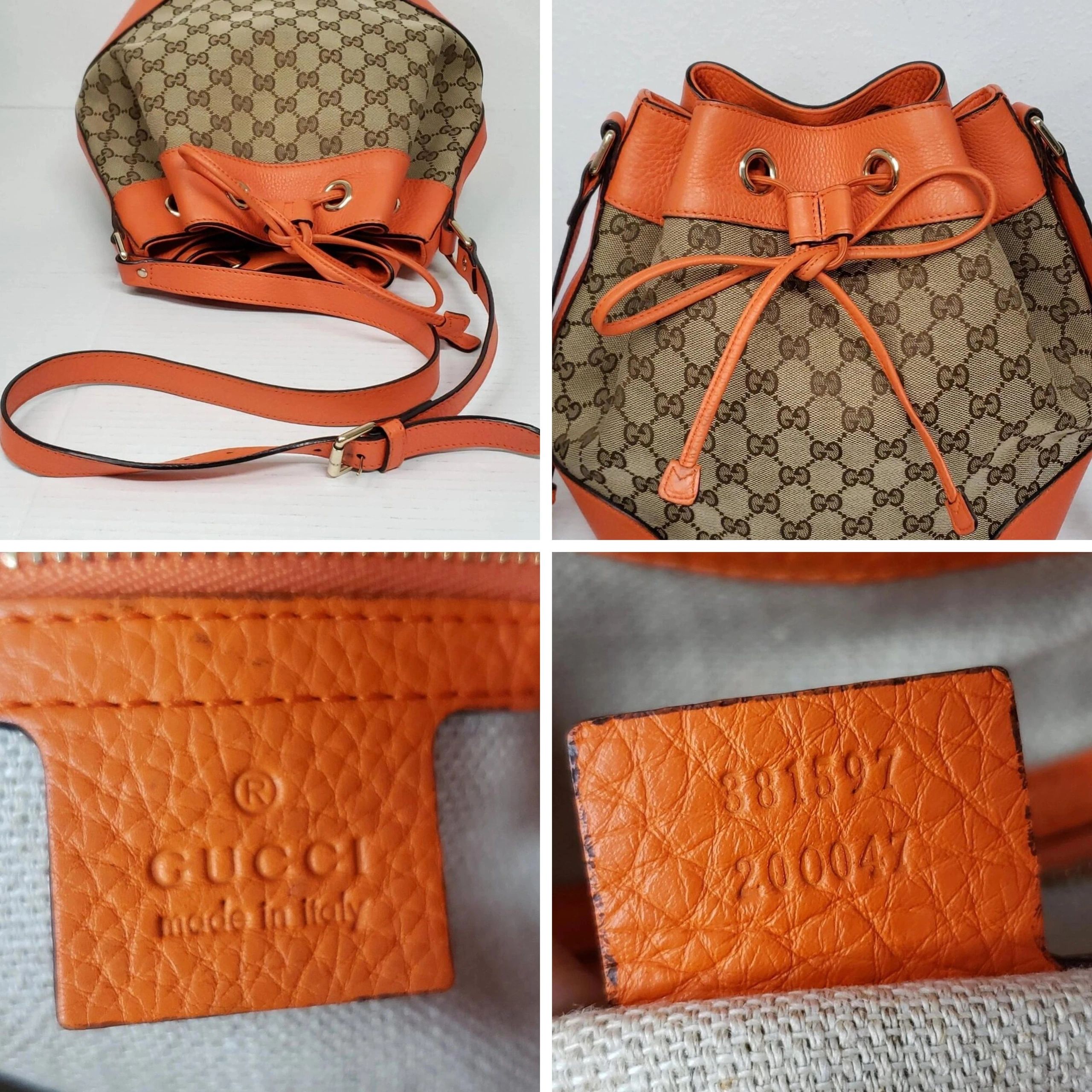 Gucci GG Supreme Bucket Bag Orange Leather Trim Crossbody Drawstring — photo 6