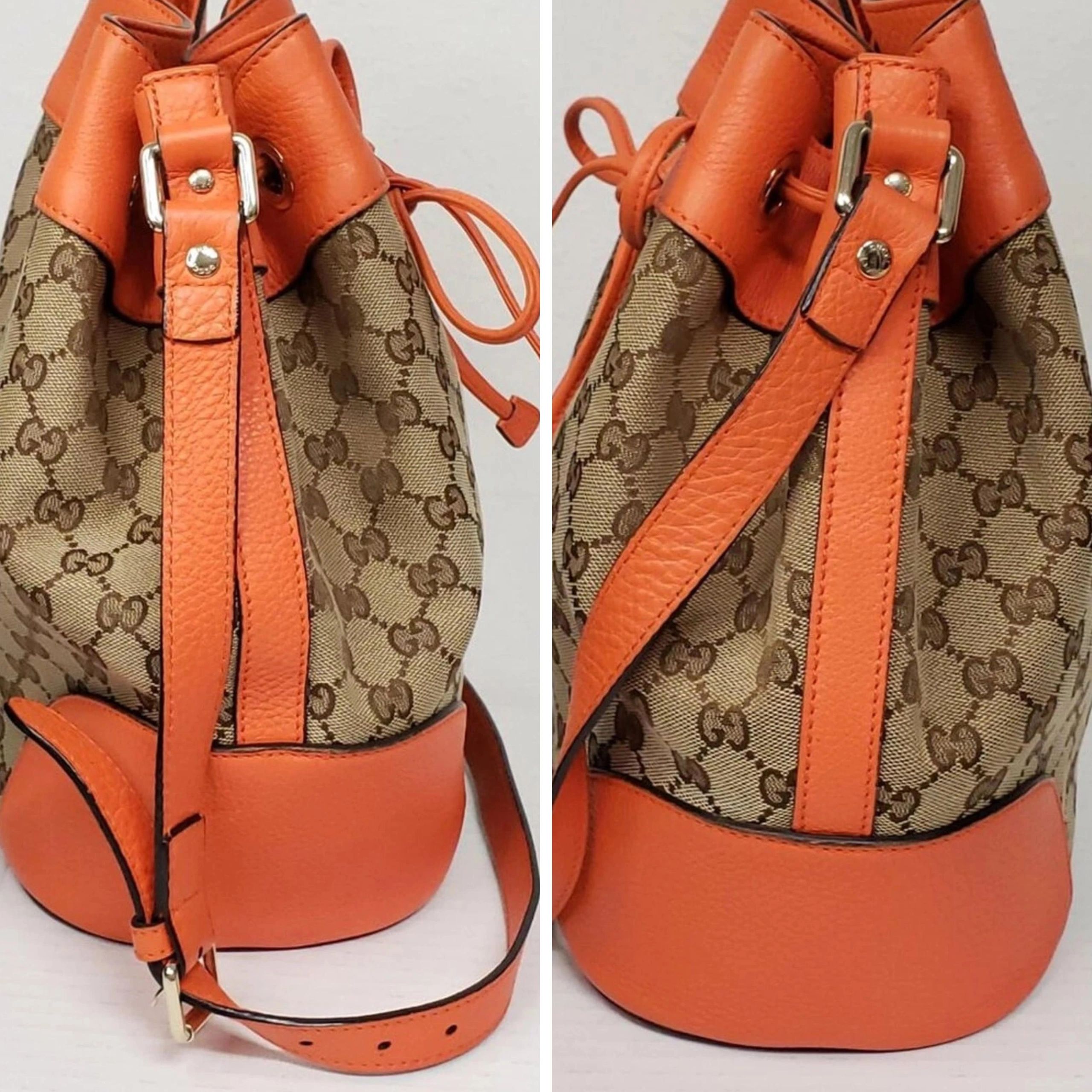 Gucci GG Supreme Bucket Bag Orange Leather Trim Crossbody Drawstring — photo 5