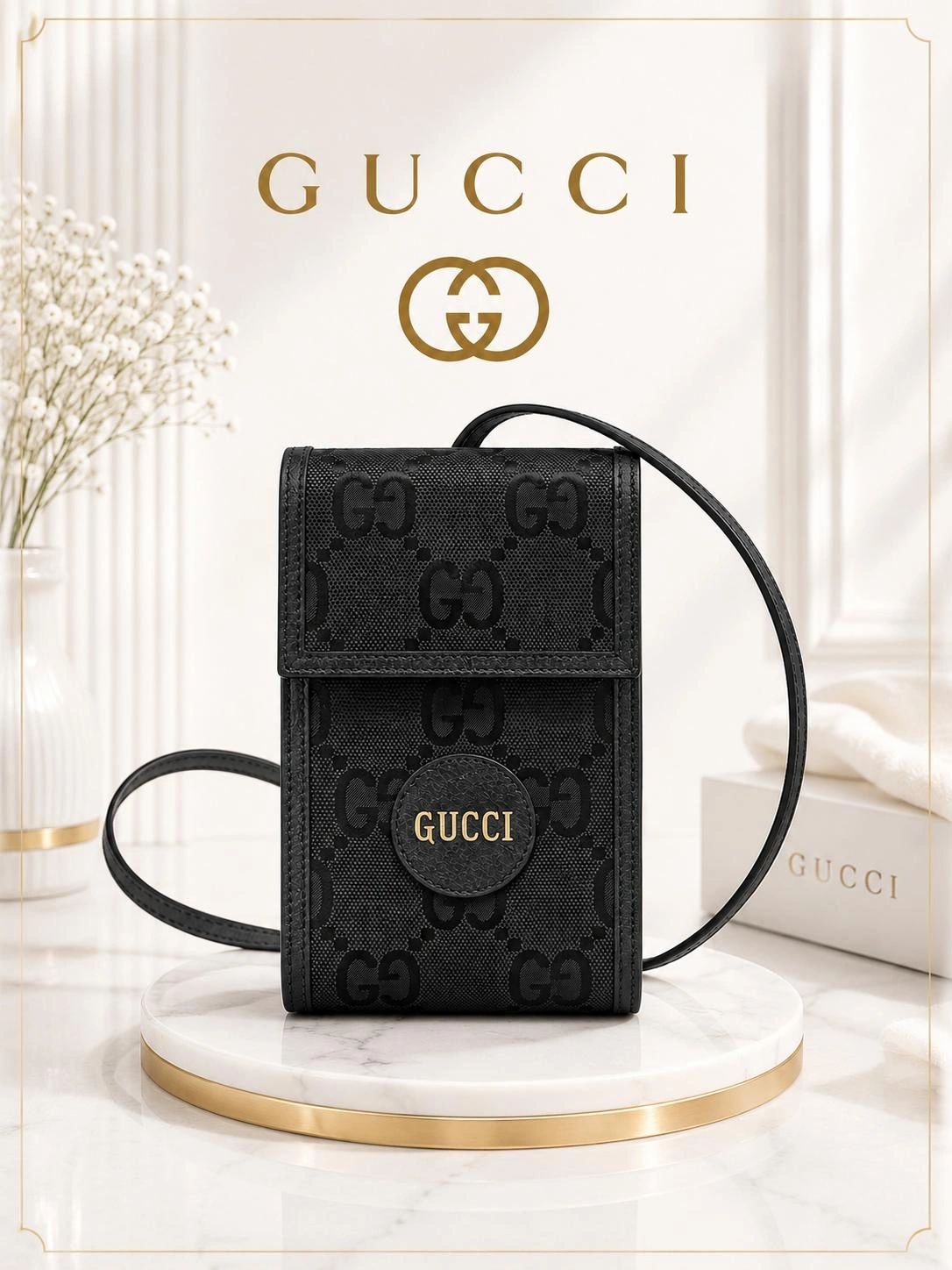 Gucci GG Supreme Mini Crossbody Bag Black Canvas Leather Luxury Small