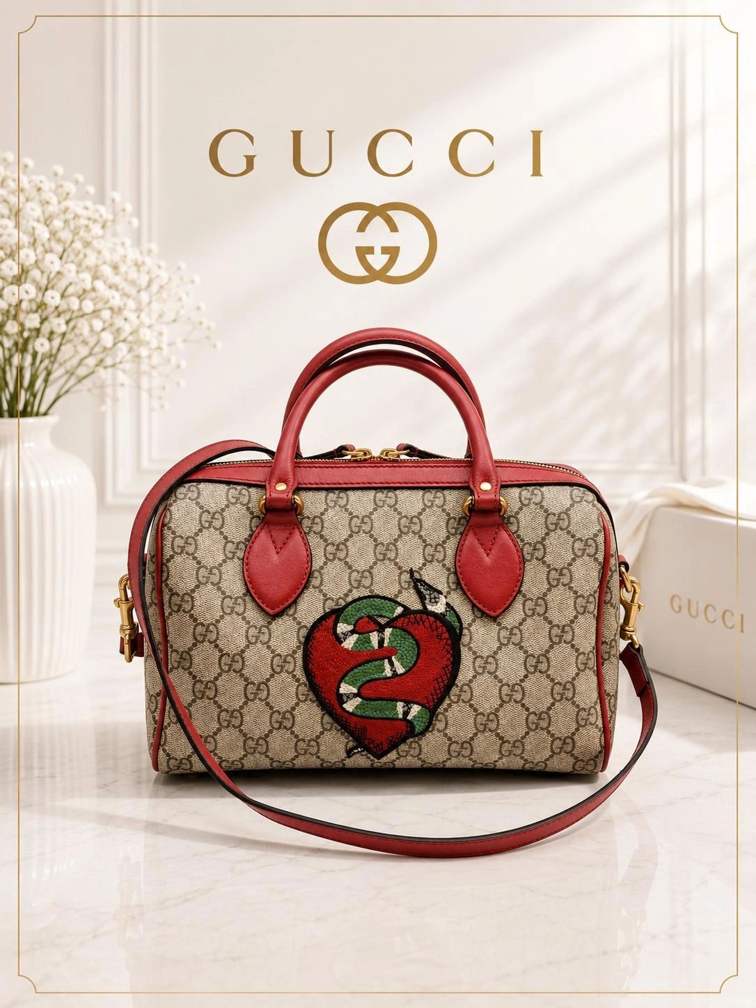 Gucci GG Supreme Tian Heart Snake Boston Bag Red Leather Crossbody