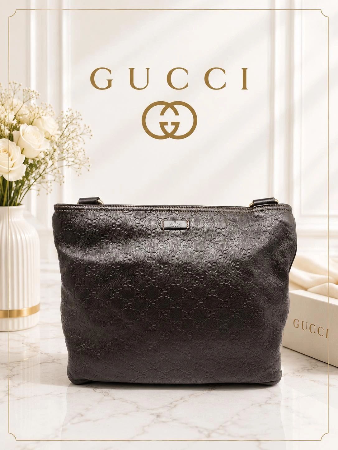 Gucci Guccissima Leather Shoulder Bag Black GG Embossed Tote Crossbody
