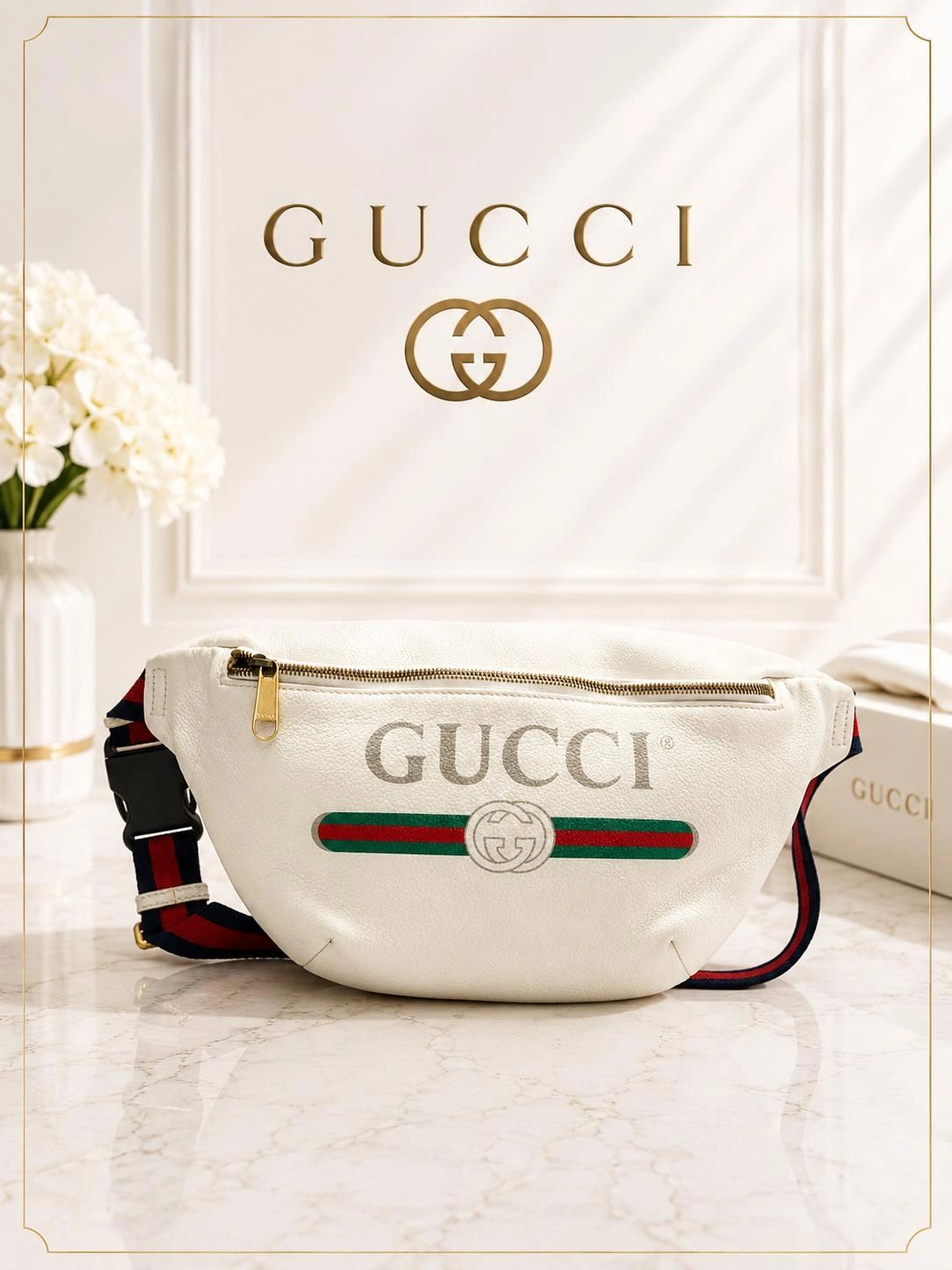 Gucci Authentic Gucci Logo Belt Bag Medium White Leather GG Waist Bag Crossbody