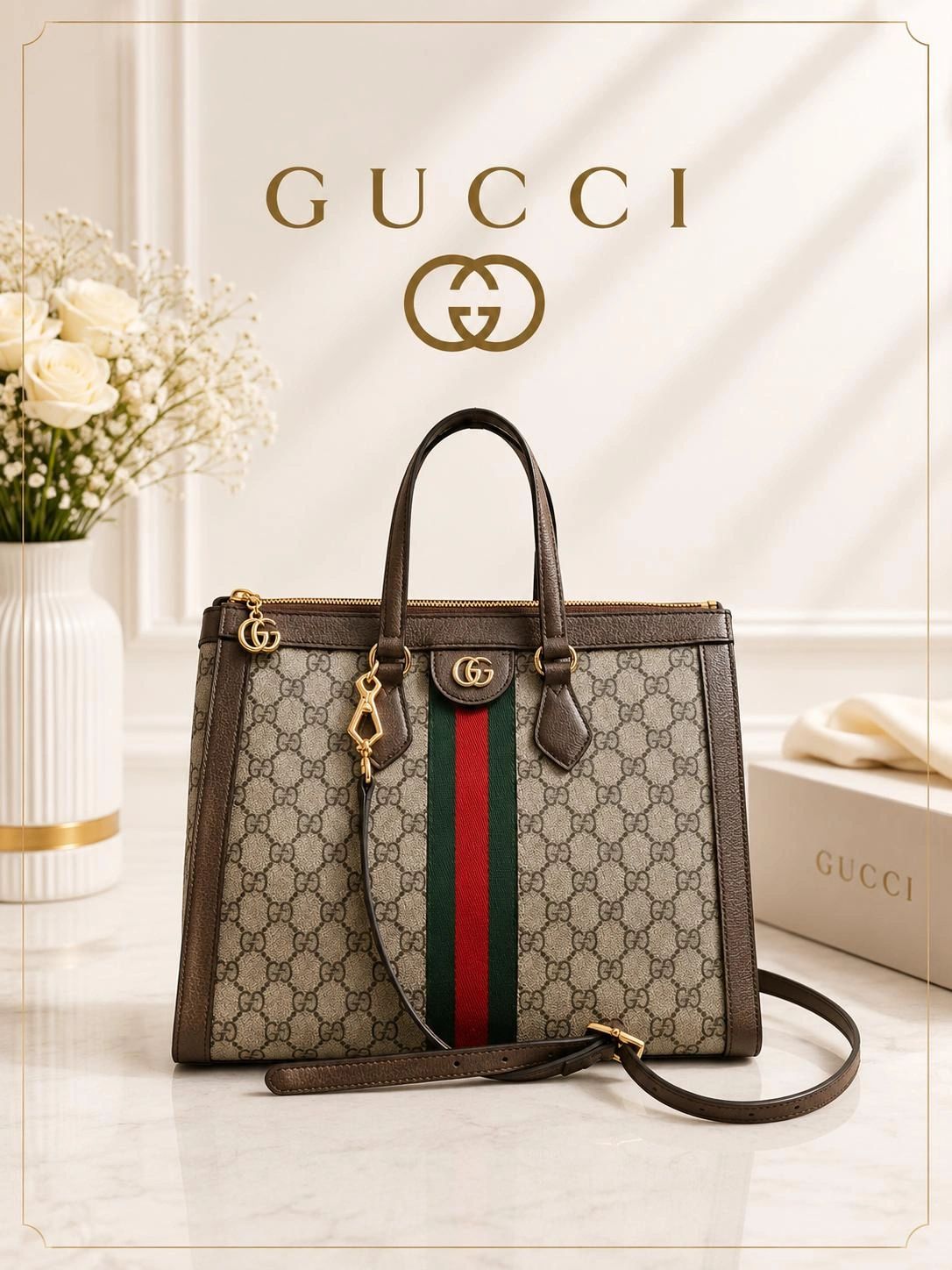 Gucci Ophidia GG Tote Bag Web Stripe Crossbody Canvas Leather